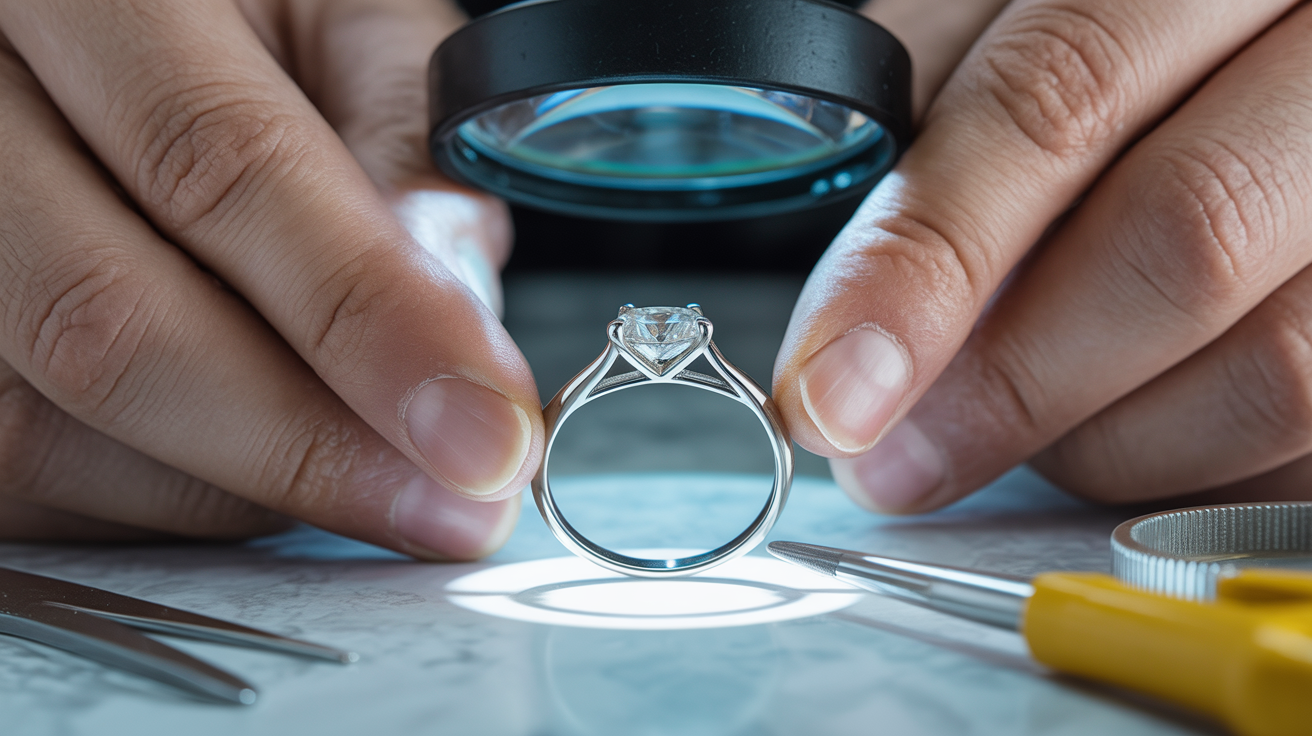 Jeweler checking a diamond ring with bent prongs.