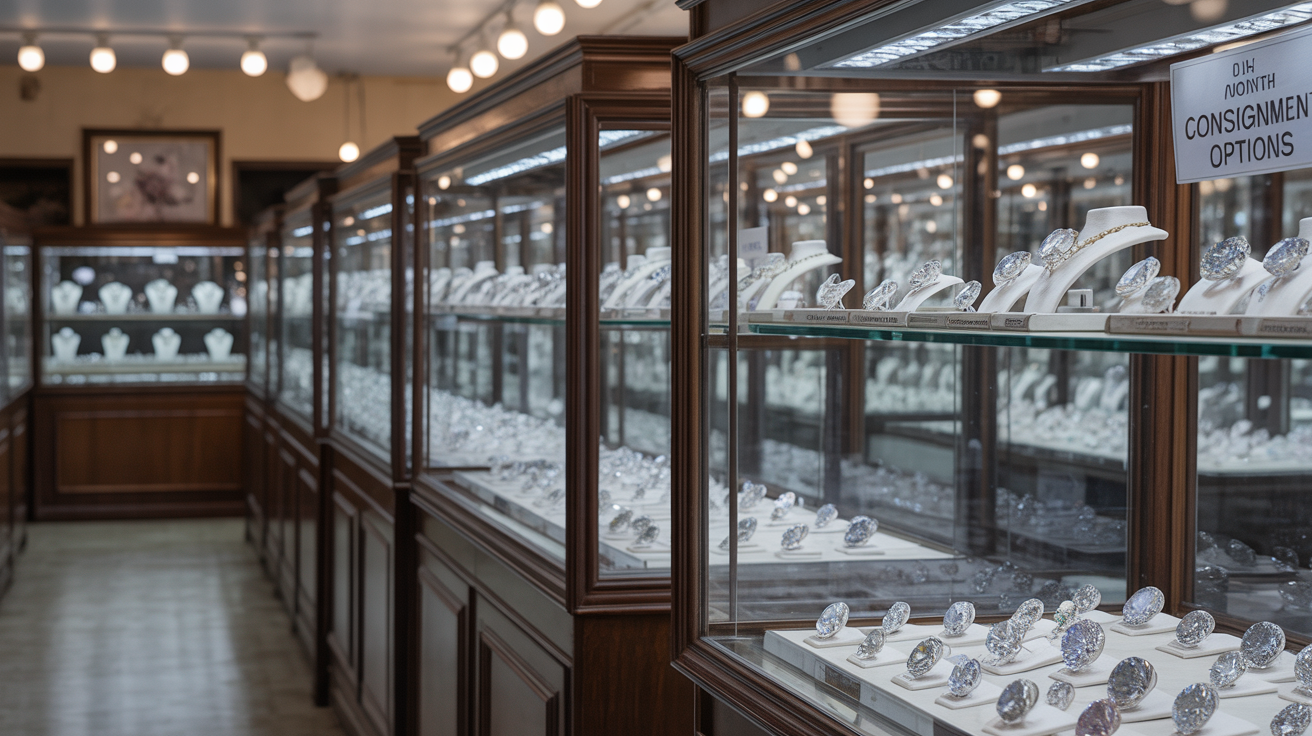 Consignment store with glass cases displaying diamonds and consignment options sign.