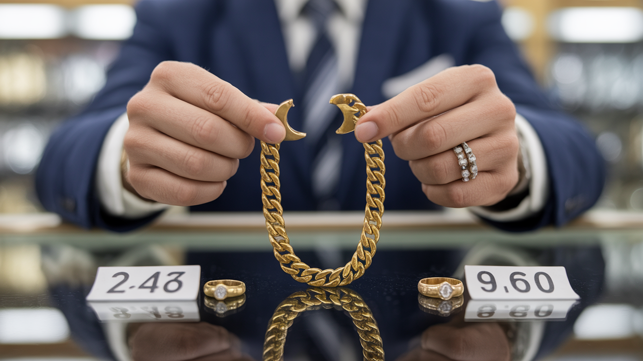 Customer comparing gold items with price tags.