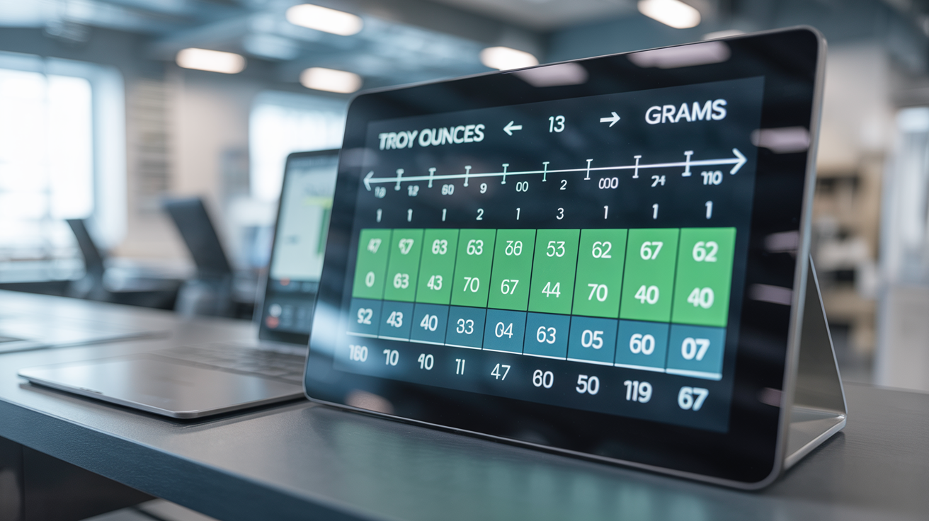 Digital display of troy ounces to grams conversion in office setting.