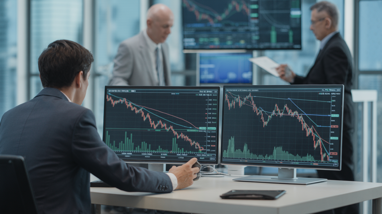 Traders analyzing charts in office during a gold price crash showing sharp declines.
