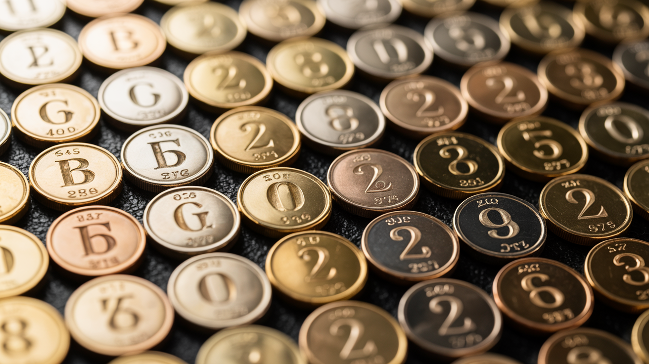 Gold pieces with varied date letters in chronological order.