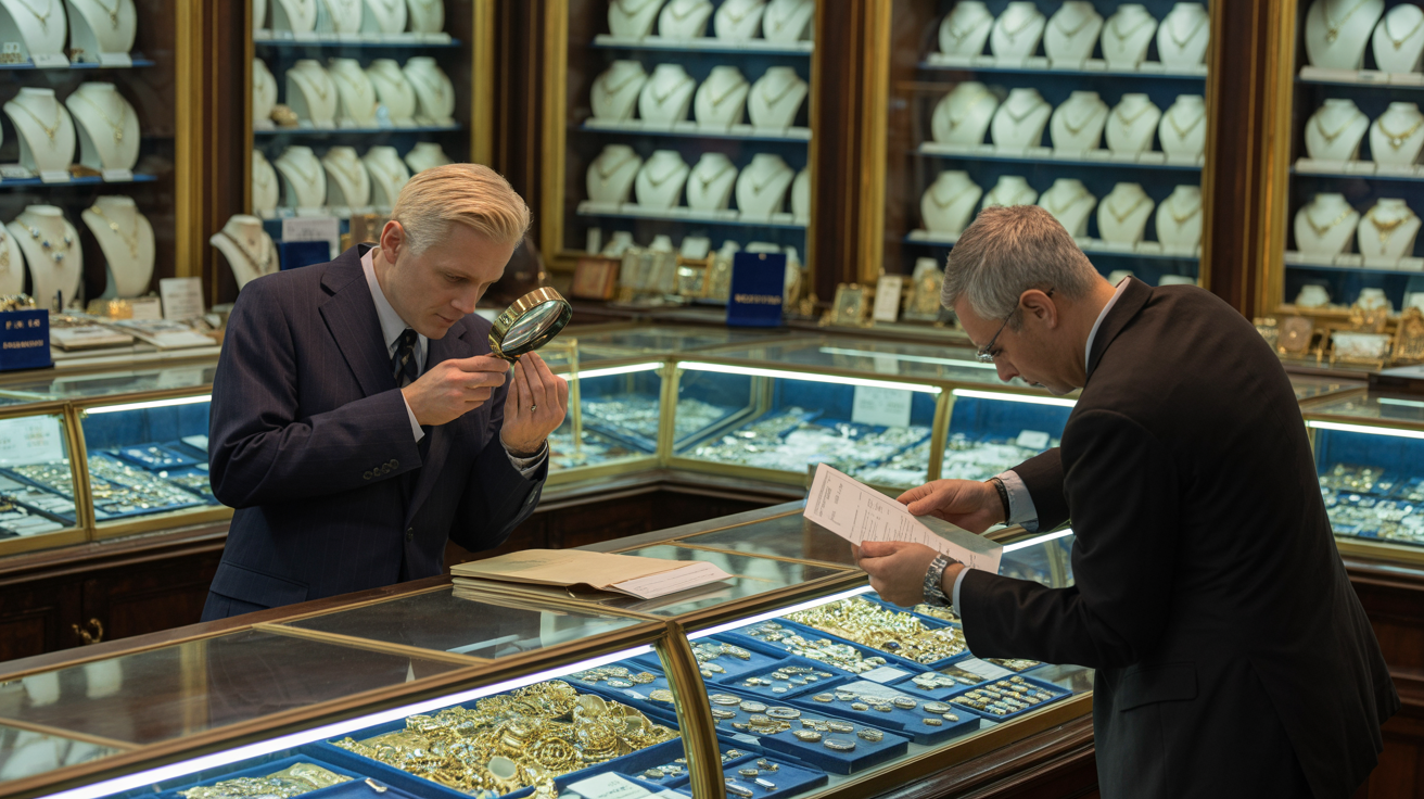 Hatton Garden shop interior with dealer evaluating gold jewelry.