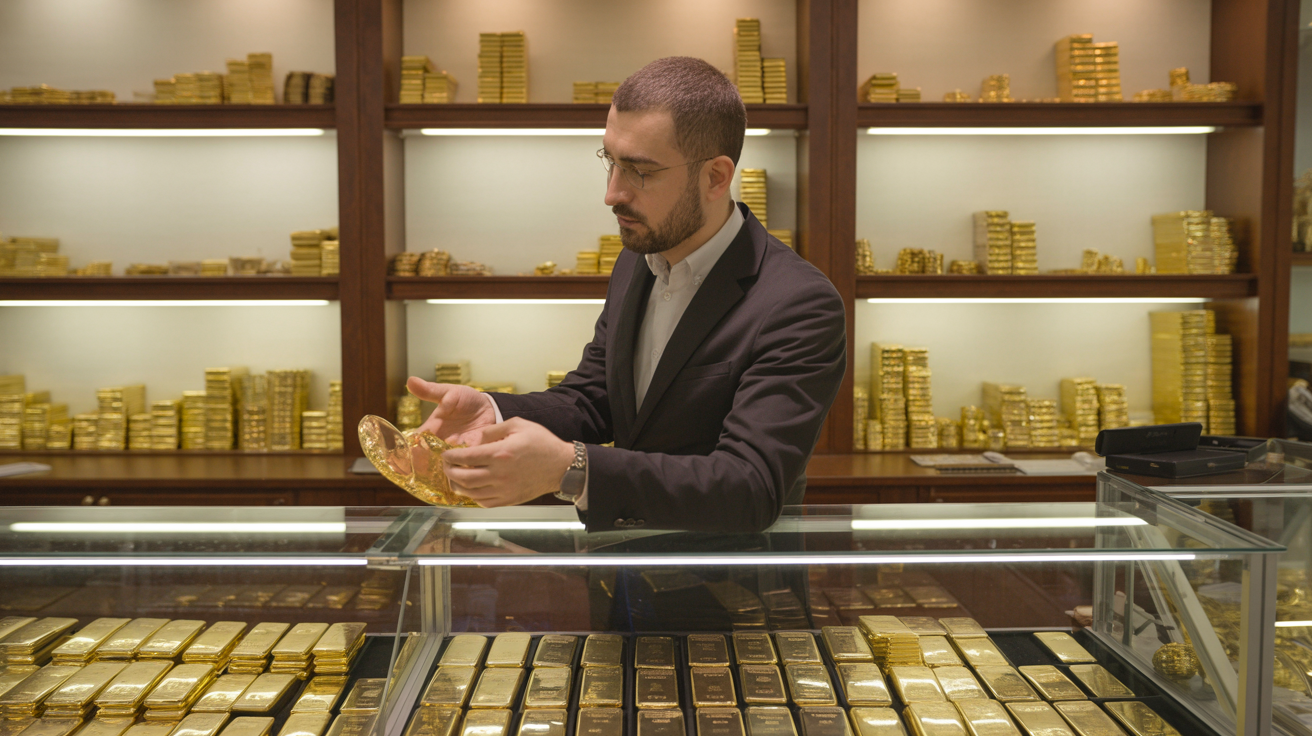 Inside gold dealer shop with customer and gold items.