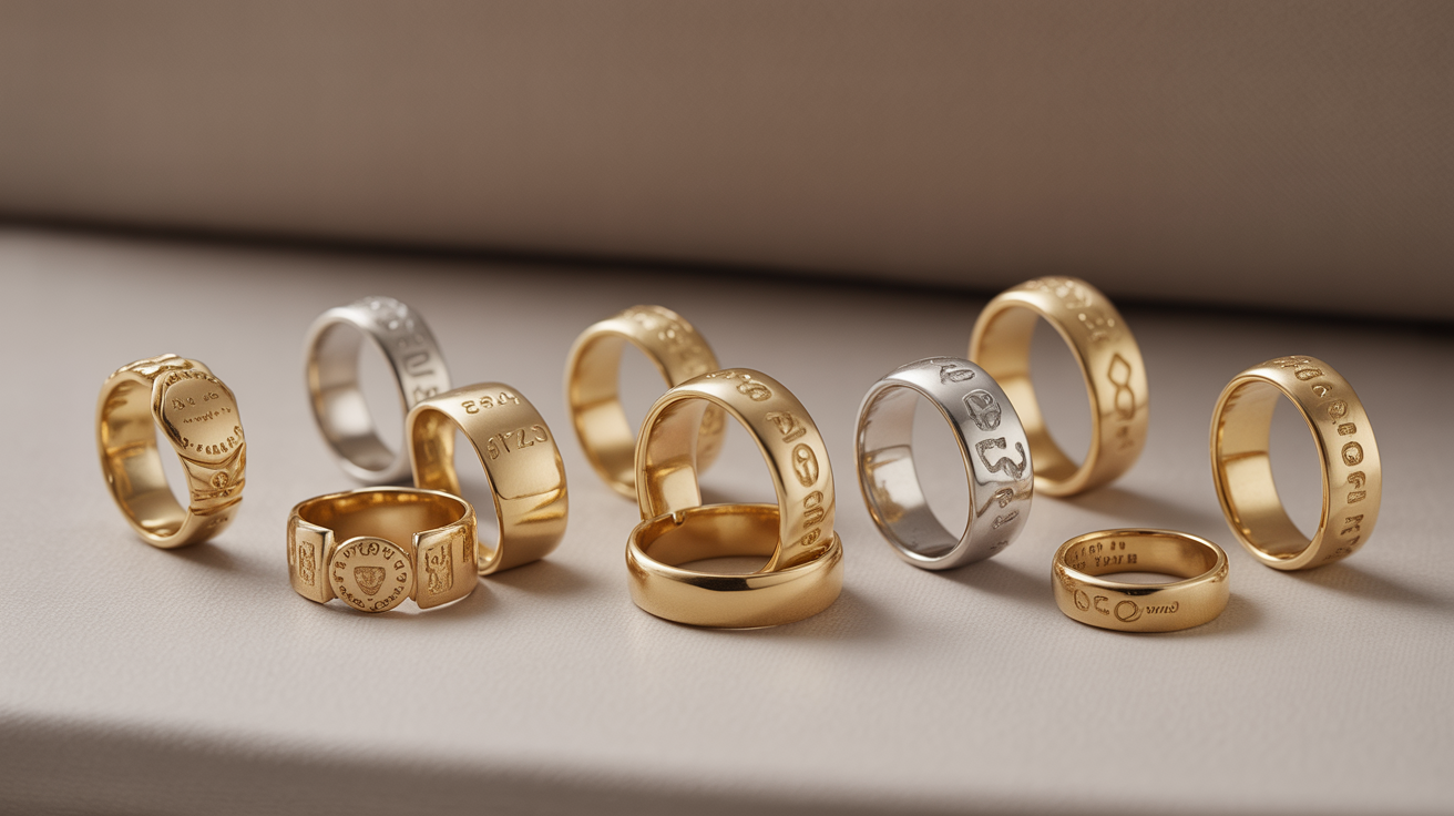 Various gold rings with tags showing design features and value impact.
