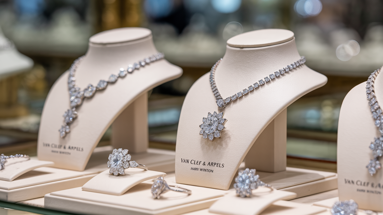 Designer diamond jewelry on display, emphasizing luxury and resale value.