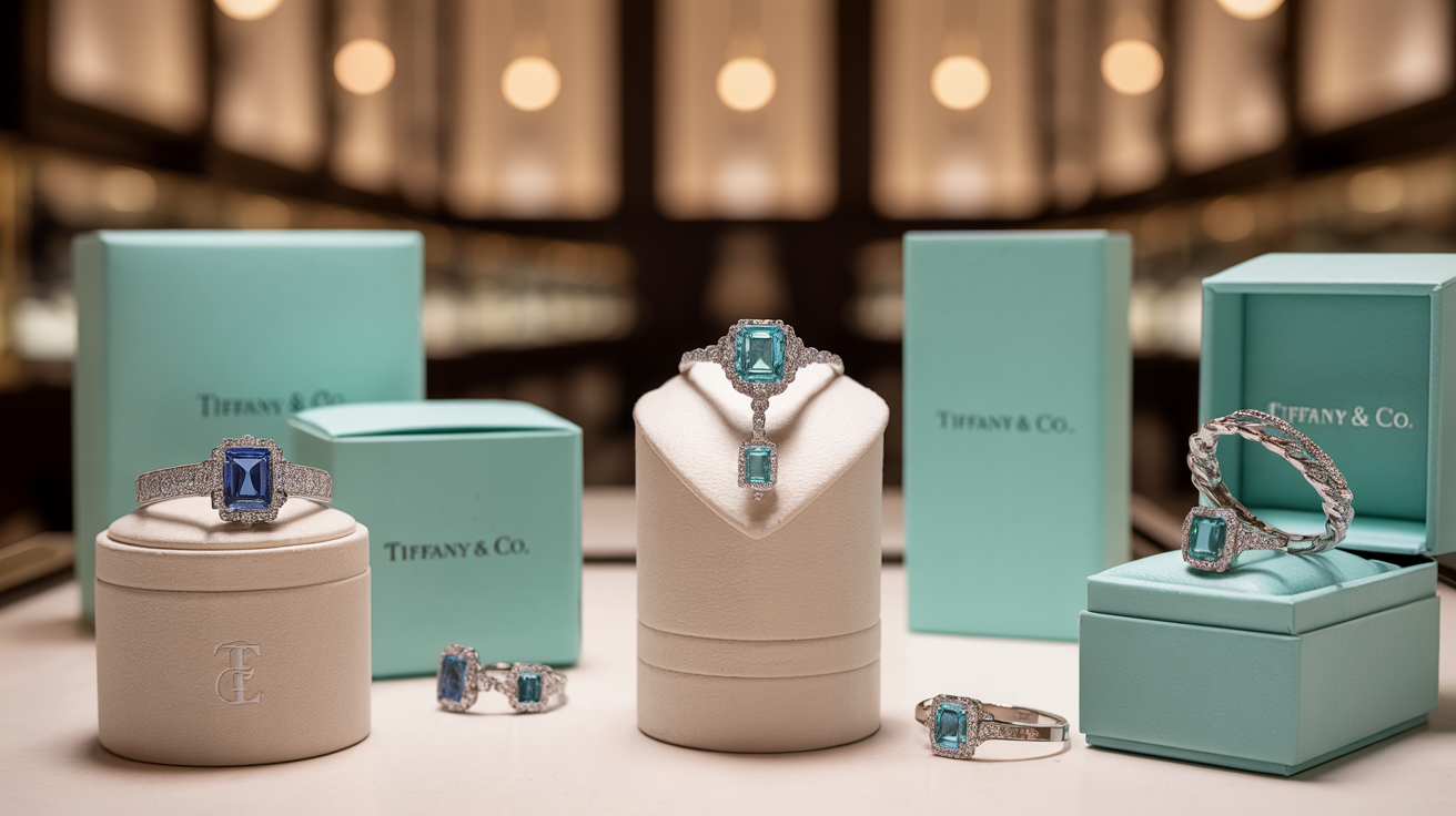 Luxury designer jewelry in branded boxes, highlighting luxury appeal.