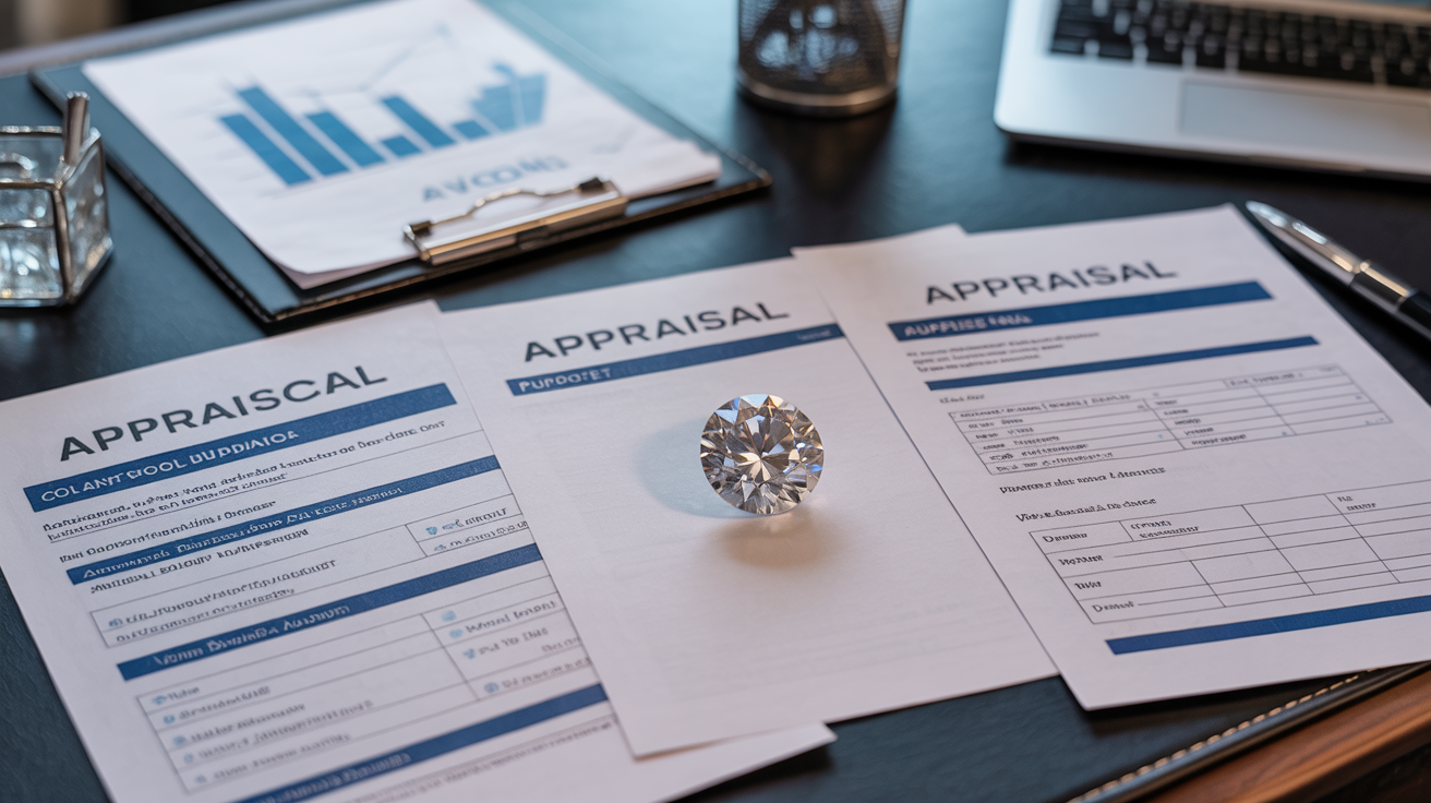 Desk with diamond and appraisal documents.