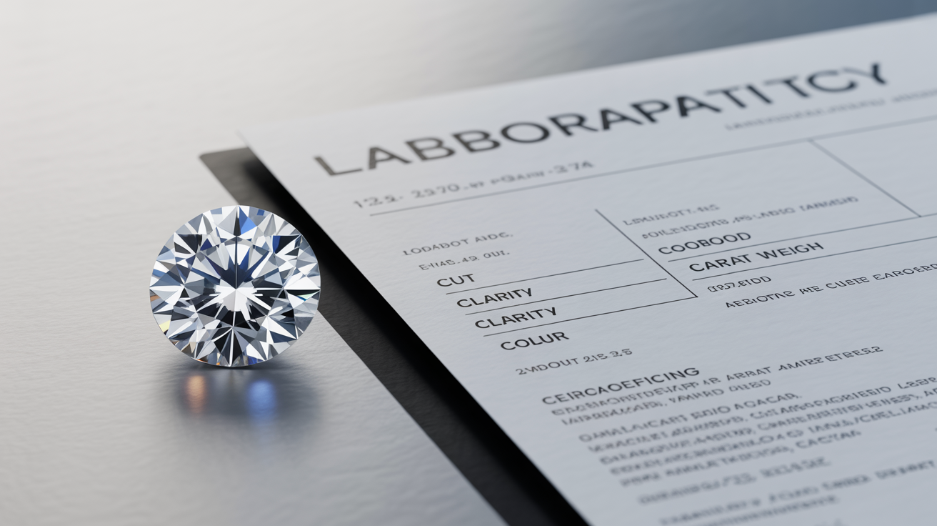 Diamond with laboratory report showing 4Cs details on a neutral background.