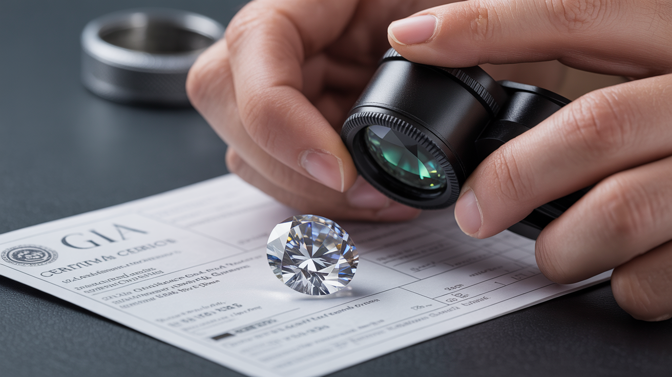 Jeweler's loupe with diamond and GIA certificate.