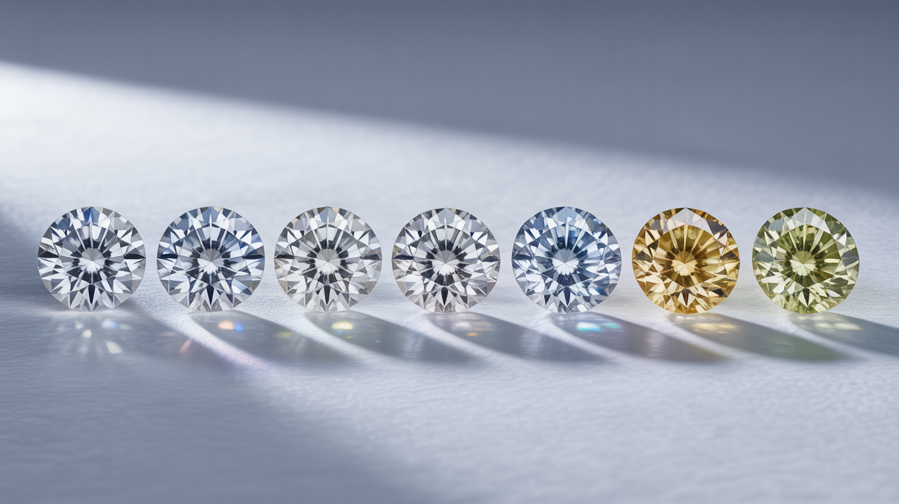 Diamonds in a line showing color grade from colorless to light yellow.
