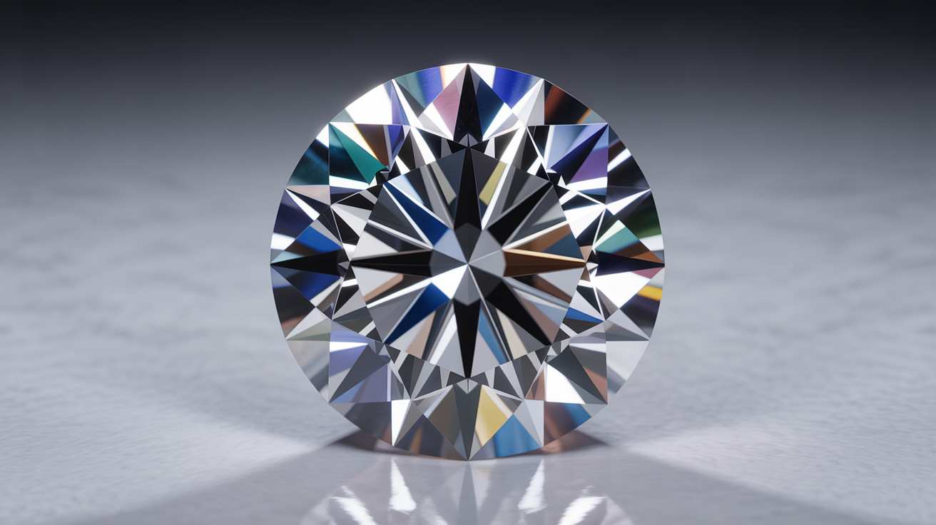 Round diamond reflecting light, showing cut grade details.