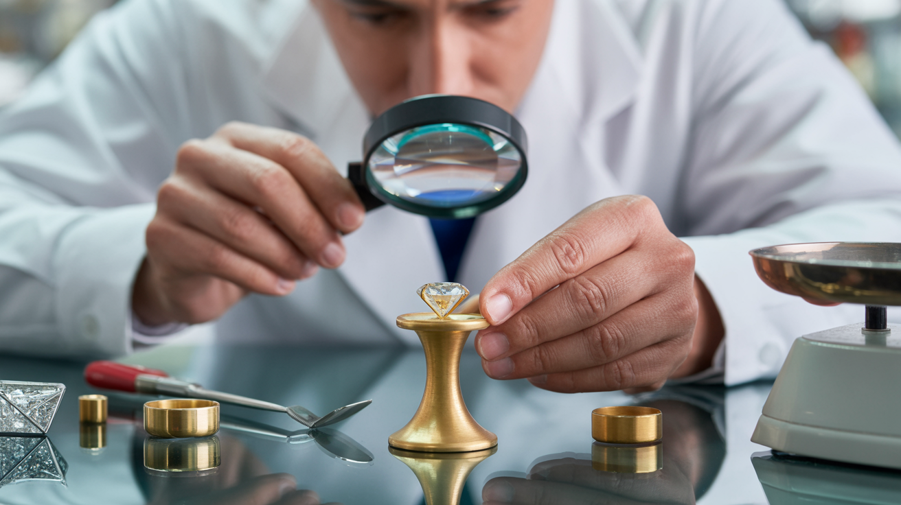 Jeweler examining a diamond with tools and scale.
