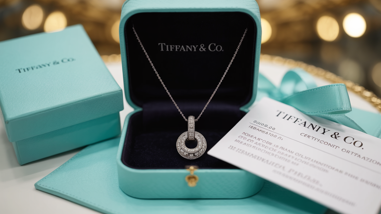 Tiffany & Co. necklace with box and certificate, highlighting brand value.
