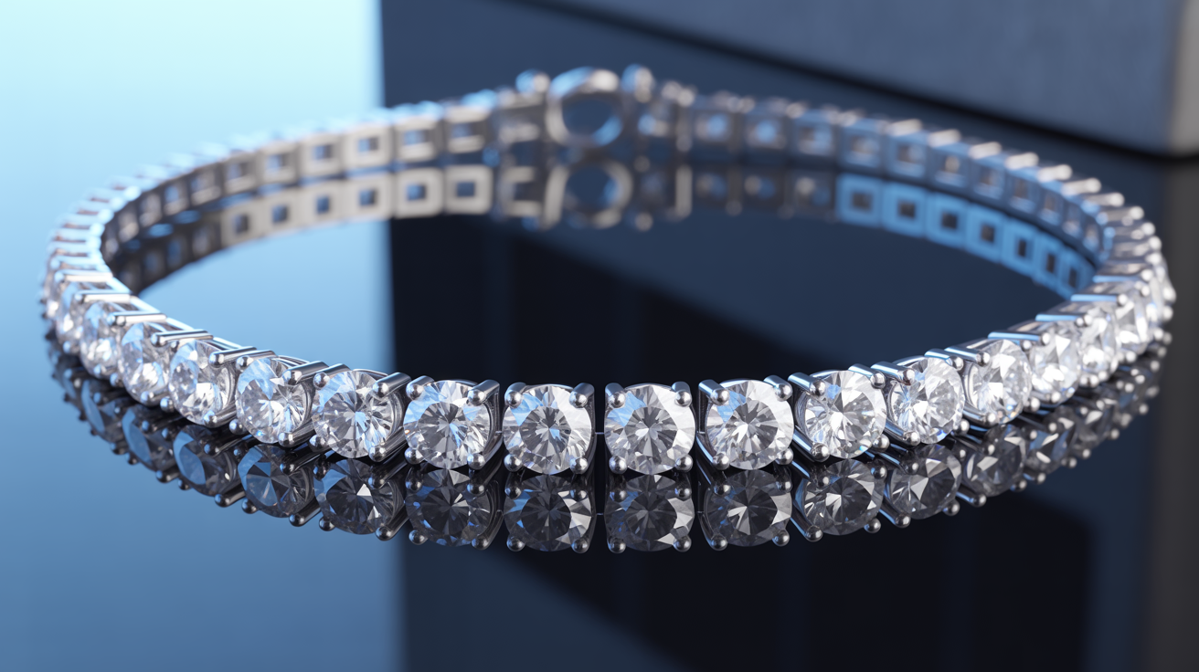 Close-up of diamond necklace on reflective surface, sparkling under light.