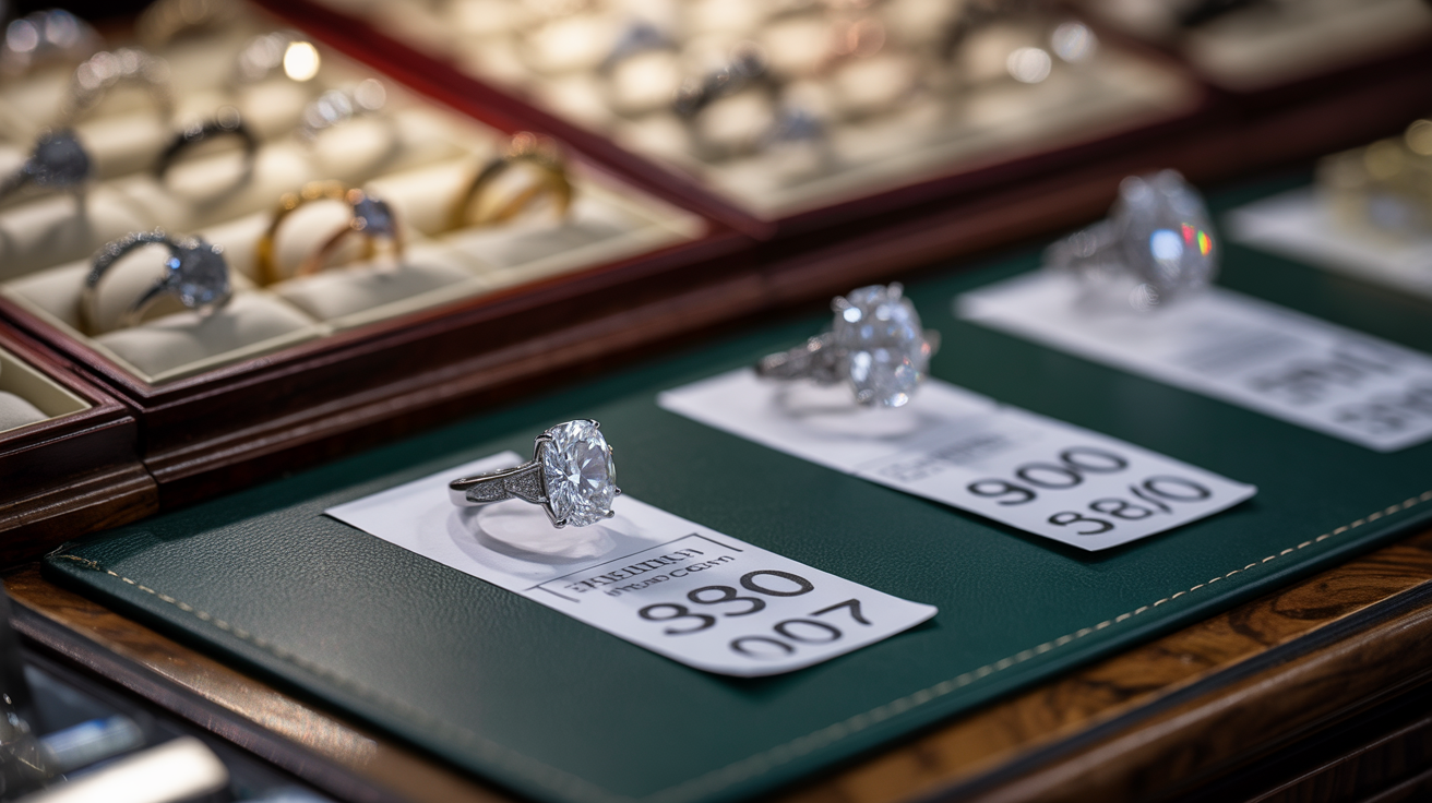 Jeweler's desk with diamond ring and price tags.