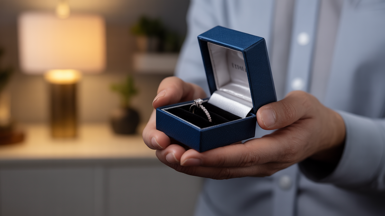 Person holding a diamond ring in a dim room.