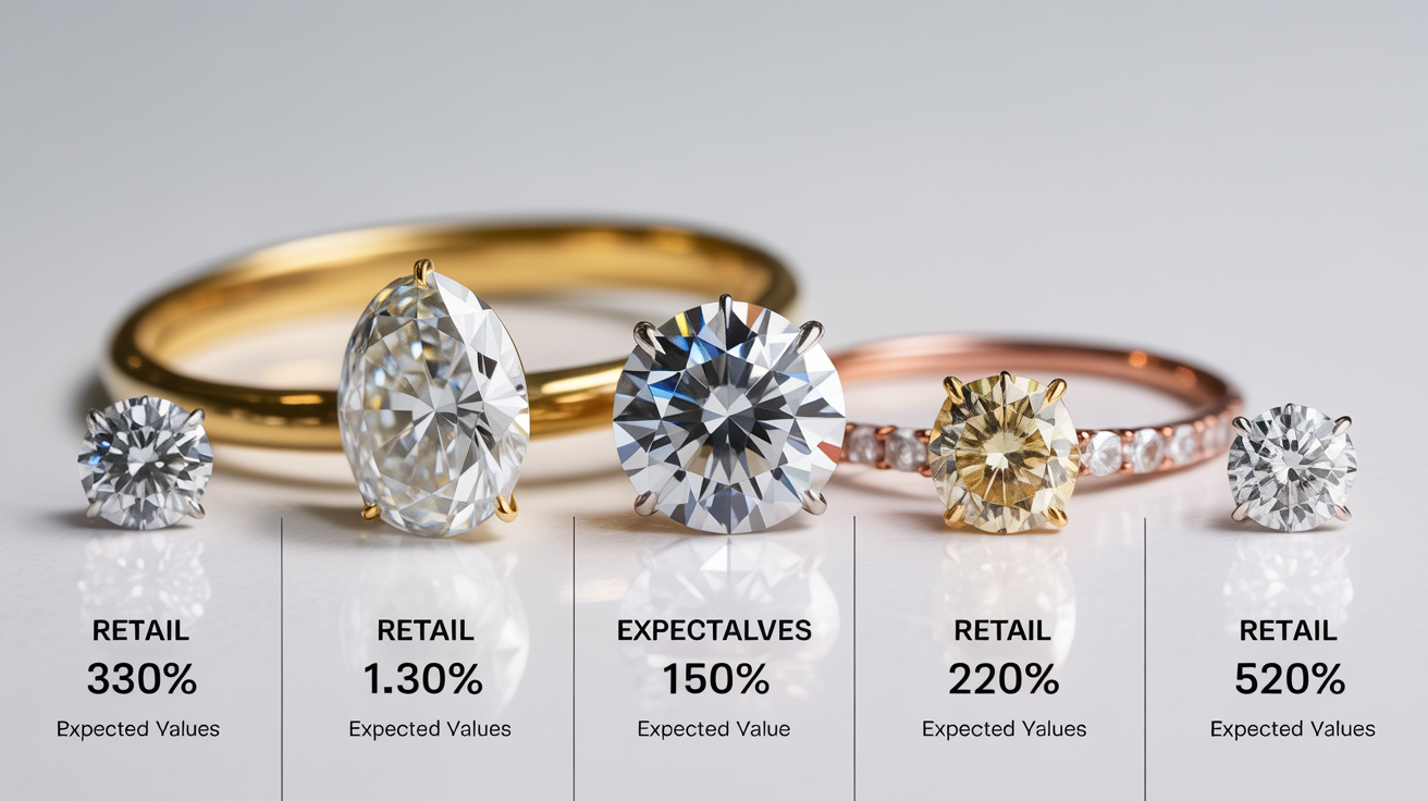 Diamond jewelry with price tags indicating resale values.