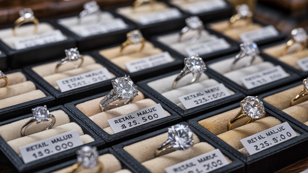 Jeweler's workspace with diamond rings on display.