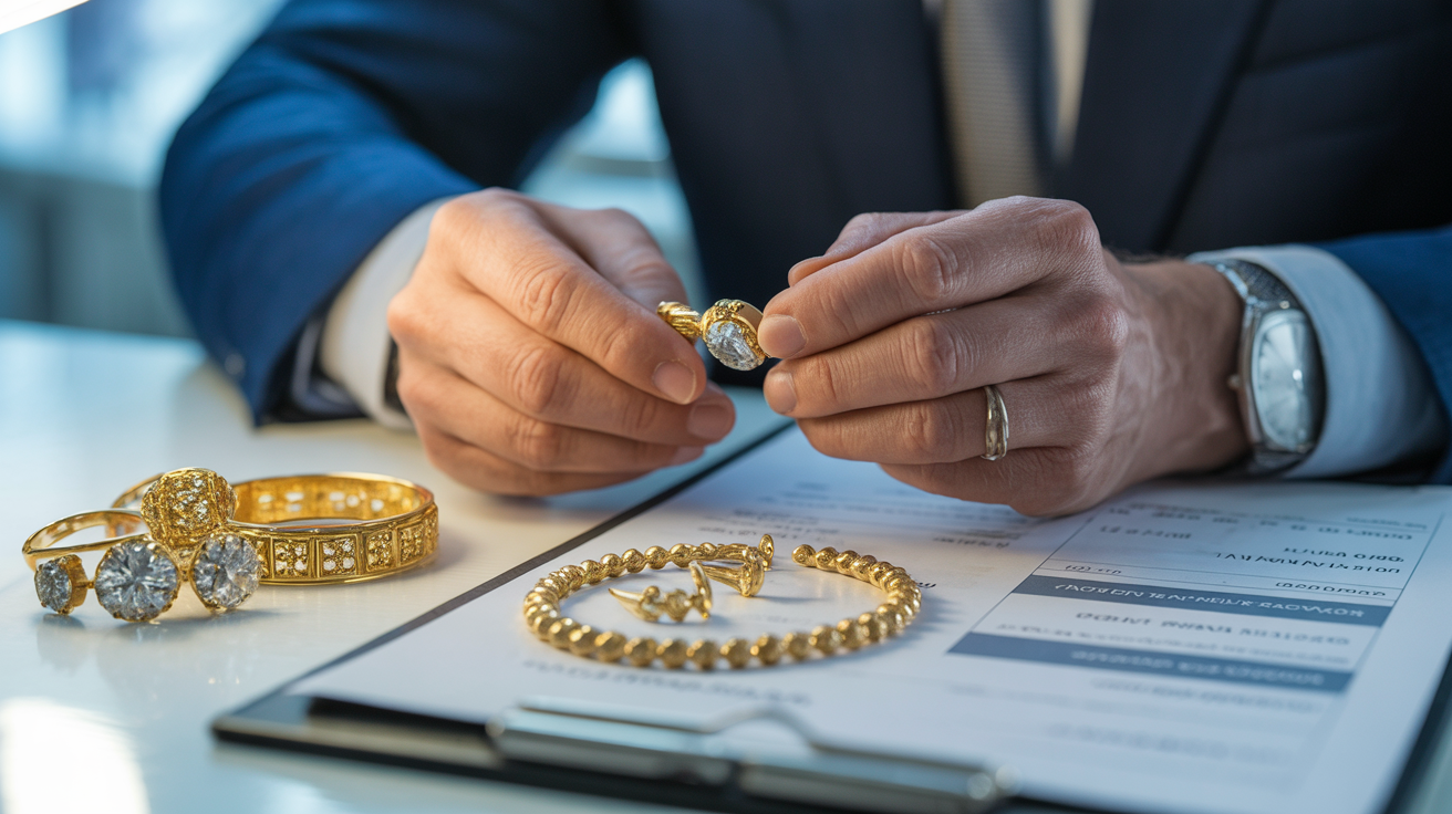 Valuer examining gold jewellery with documents detailing values.