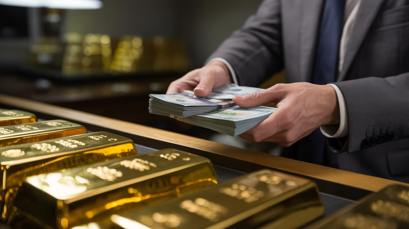 Gold buyer holding stack of cash in dimly lit room, informal transaction