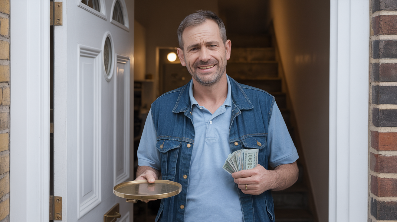 Doorstep gold buyer outside home with casual appearance, holding scale and cash
