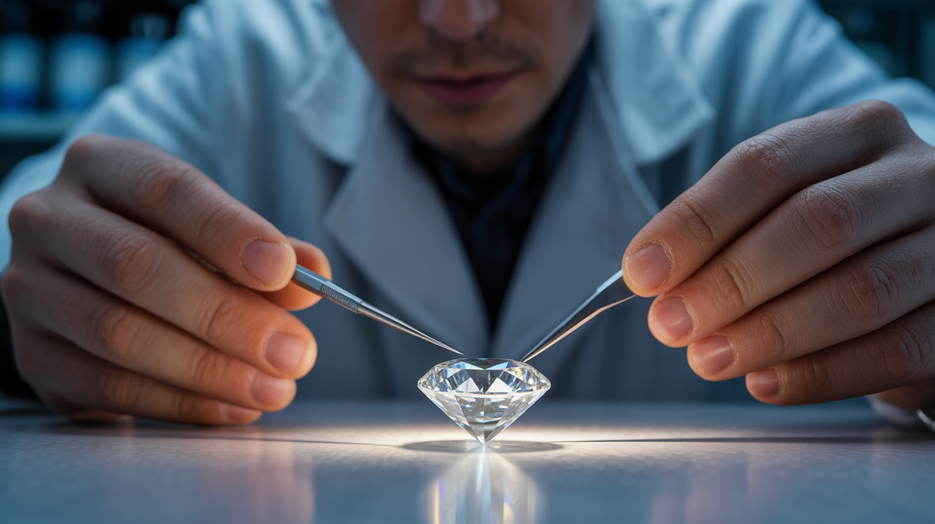 Gemologist inspecting an unset diamond with tools in a lab.