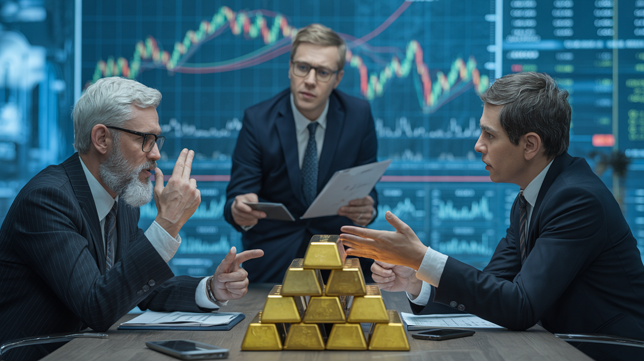 Investors in office discussing UK inflation impact on gold prices.