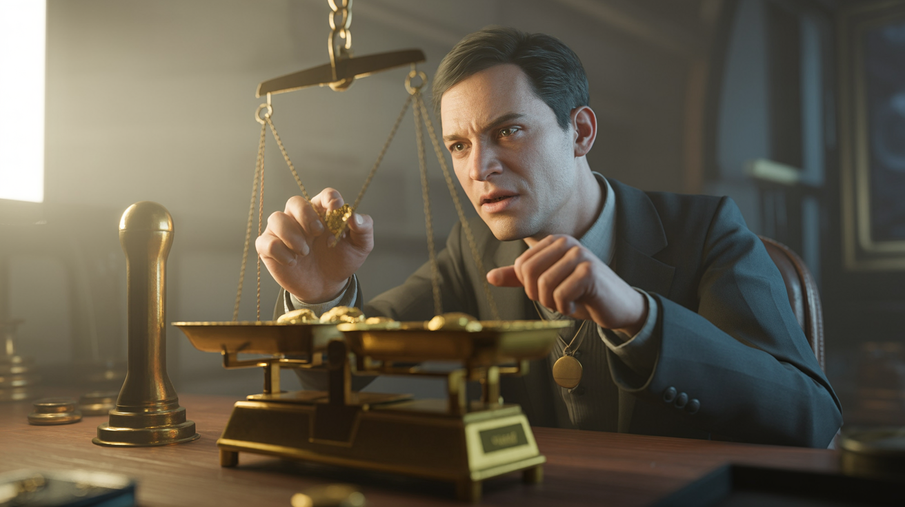 Gold buyer weighing gold on a scale with suspicious look, dramatic lighting