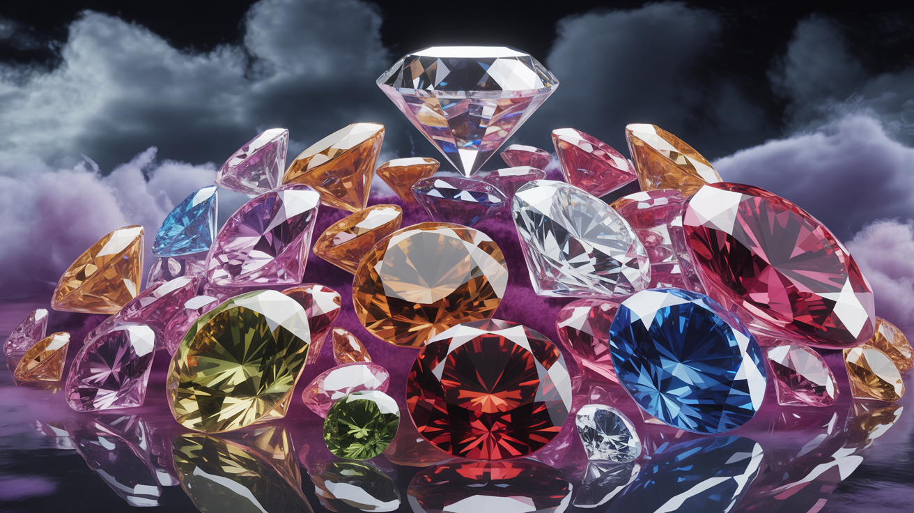 Luxurious display of fancy coloured diamonds in varied vivid hues.