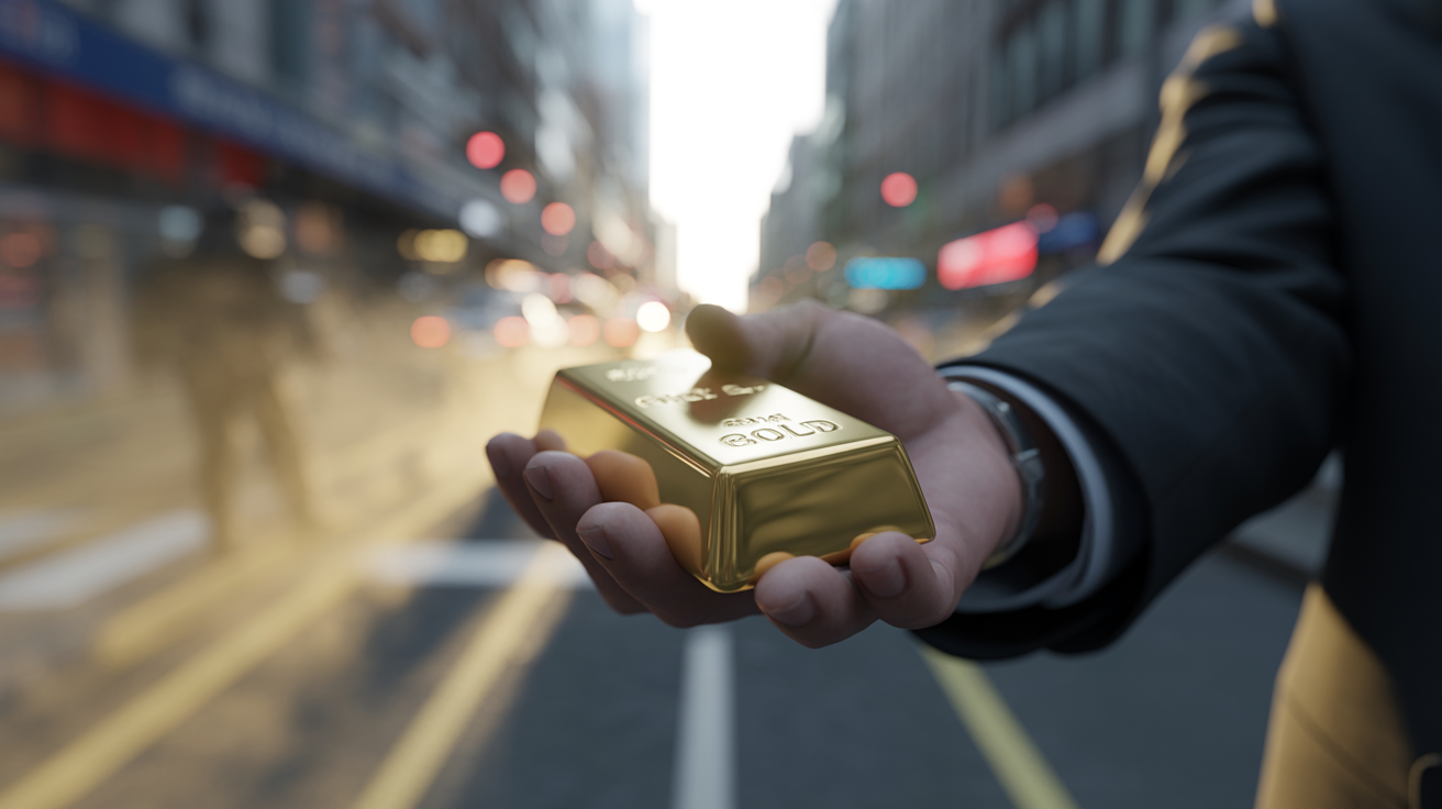 Person exchanging gold bar for ID on a UK street, dramatic lighting.