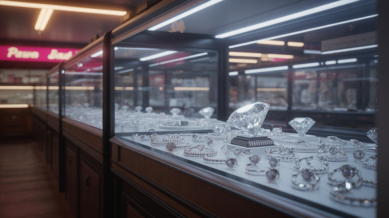 Pawn shop display case with diamond jewelry under dramatic lighting.