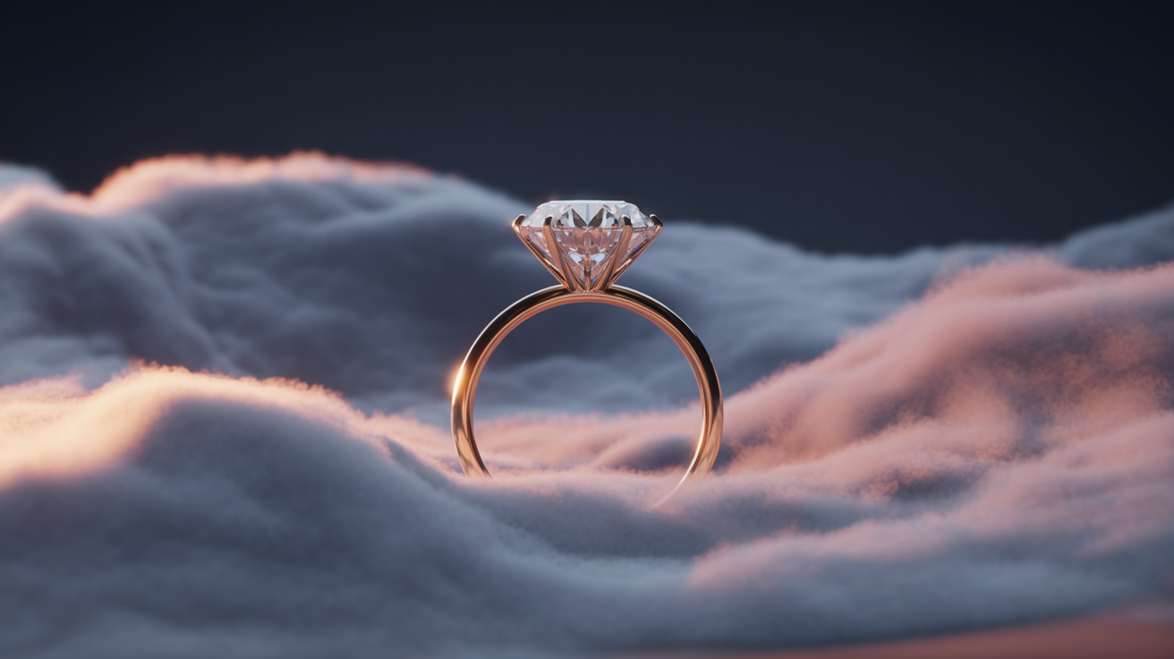 Close-up of a diamond ring with dramatic lighting and fog.