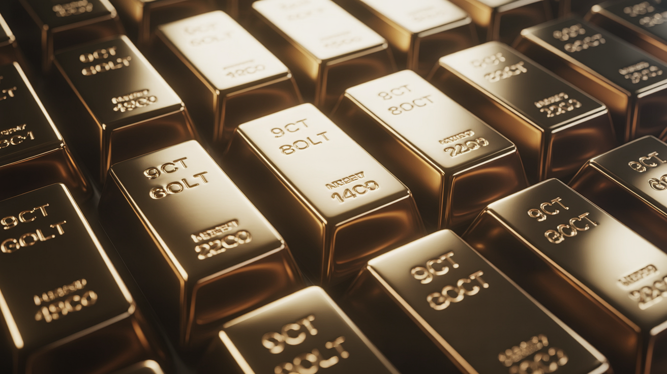 Gold bars stamped with 9ct, 14ct, 18ct, 22ct, and 24ct under dramatic lighting.