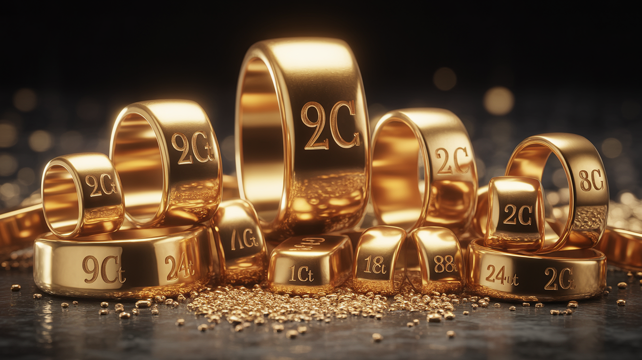 Gold jewelry pieces with carat fineness marks in dramatic lighting.