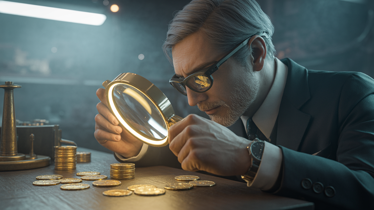 Appraiser examining gold coin with magnifying glass under dramatic lighting.