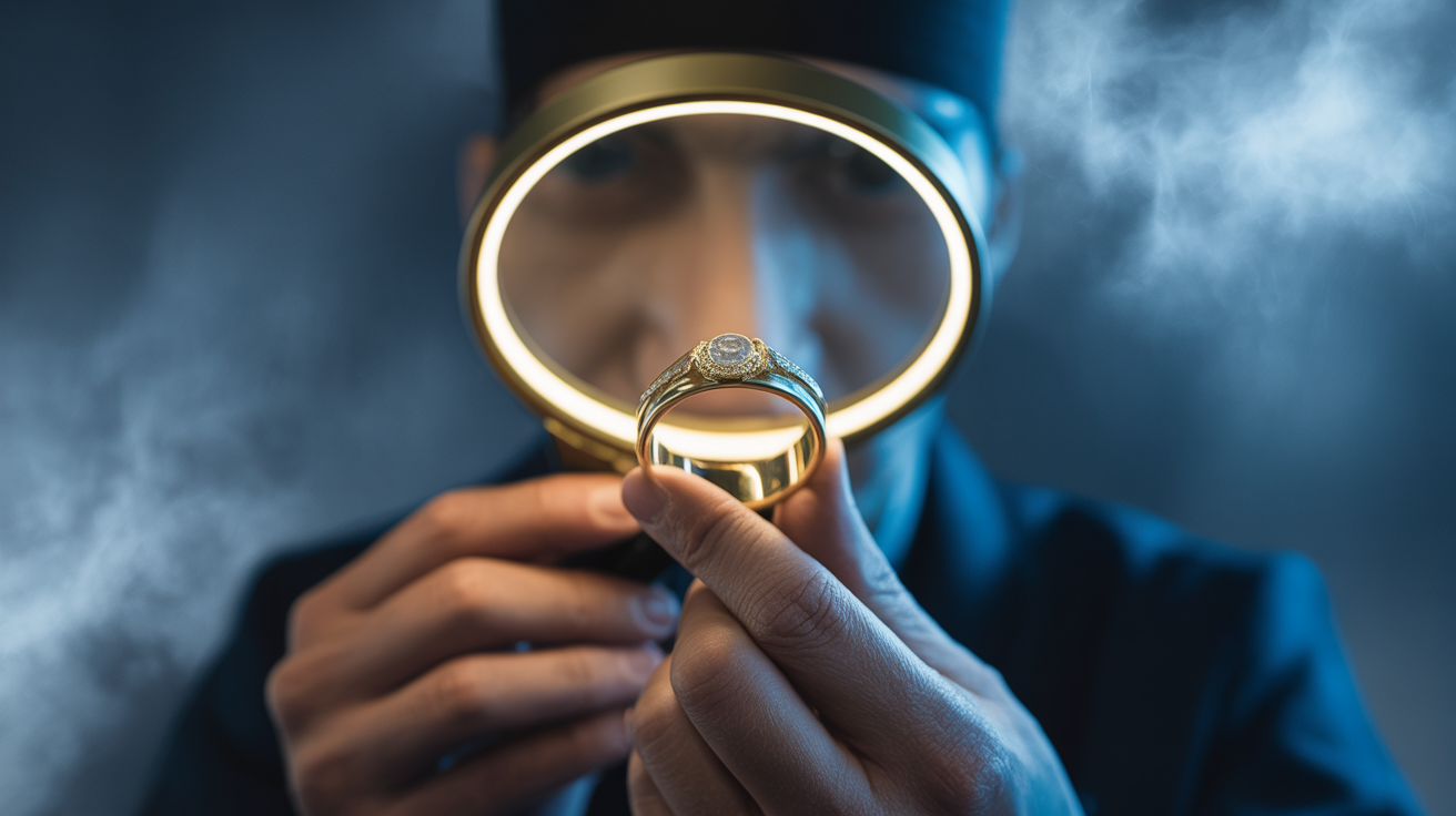 Jeweler examining a gold ring under magnifying glass with dramatic lighting.