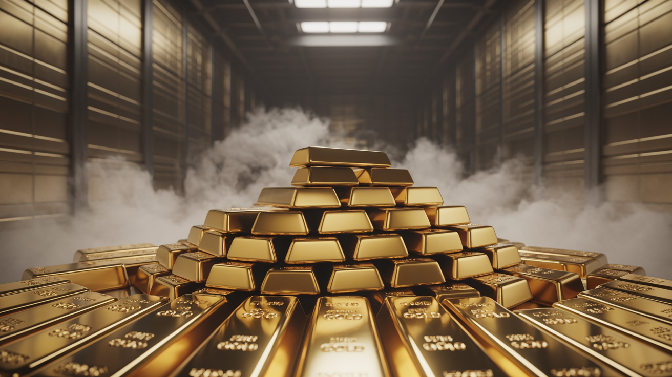 Gold bars in a vault with dramatic lighting and fog, emphasizing gold value.