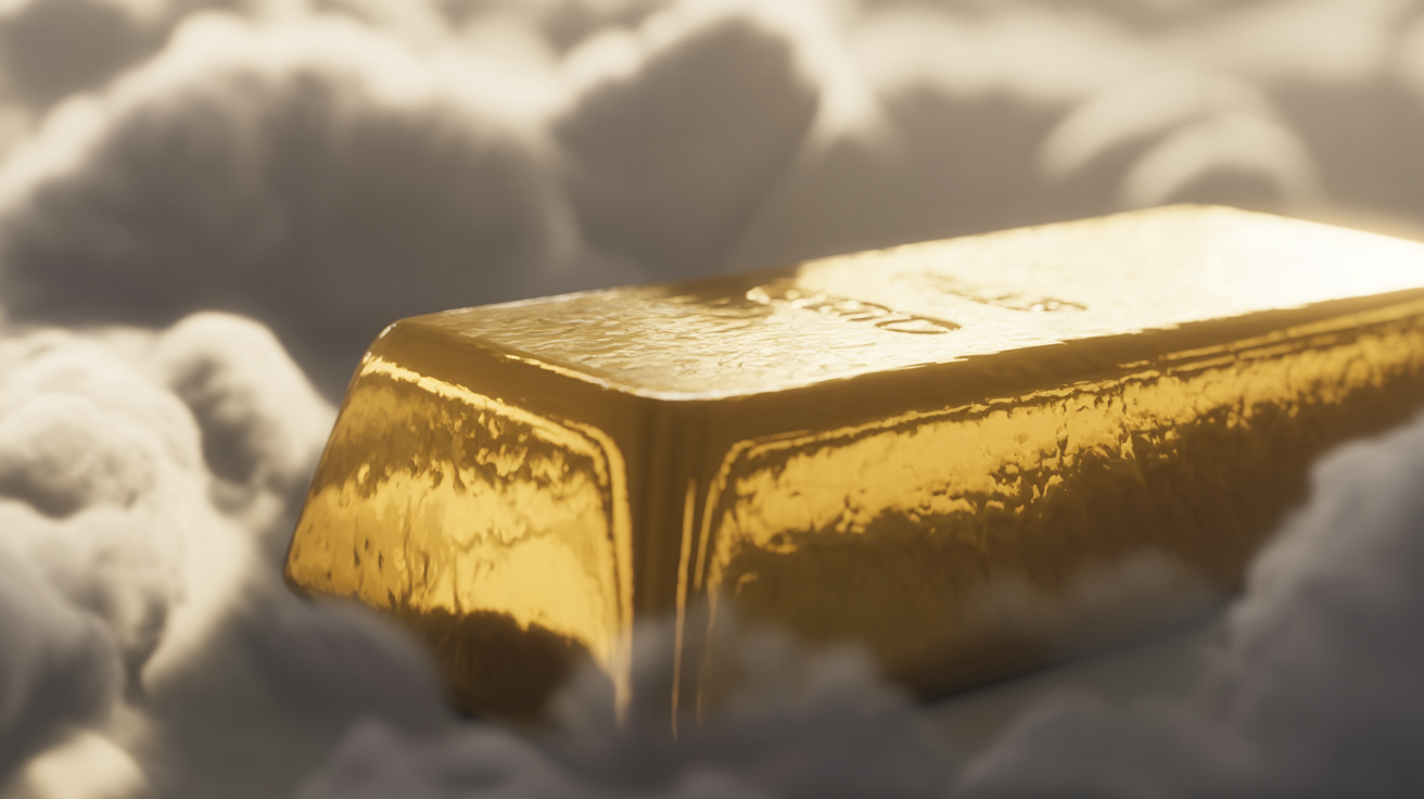 Close-up of detailed gold bar with dramatic lighting and volumetric fog.
