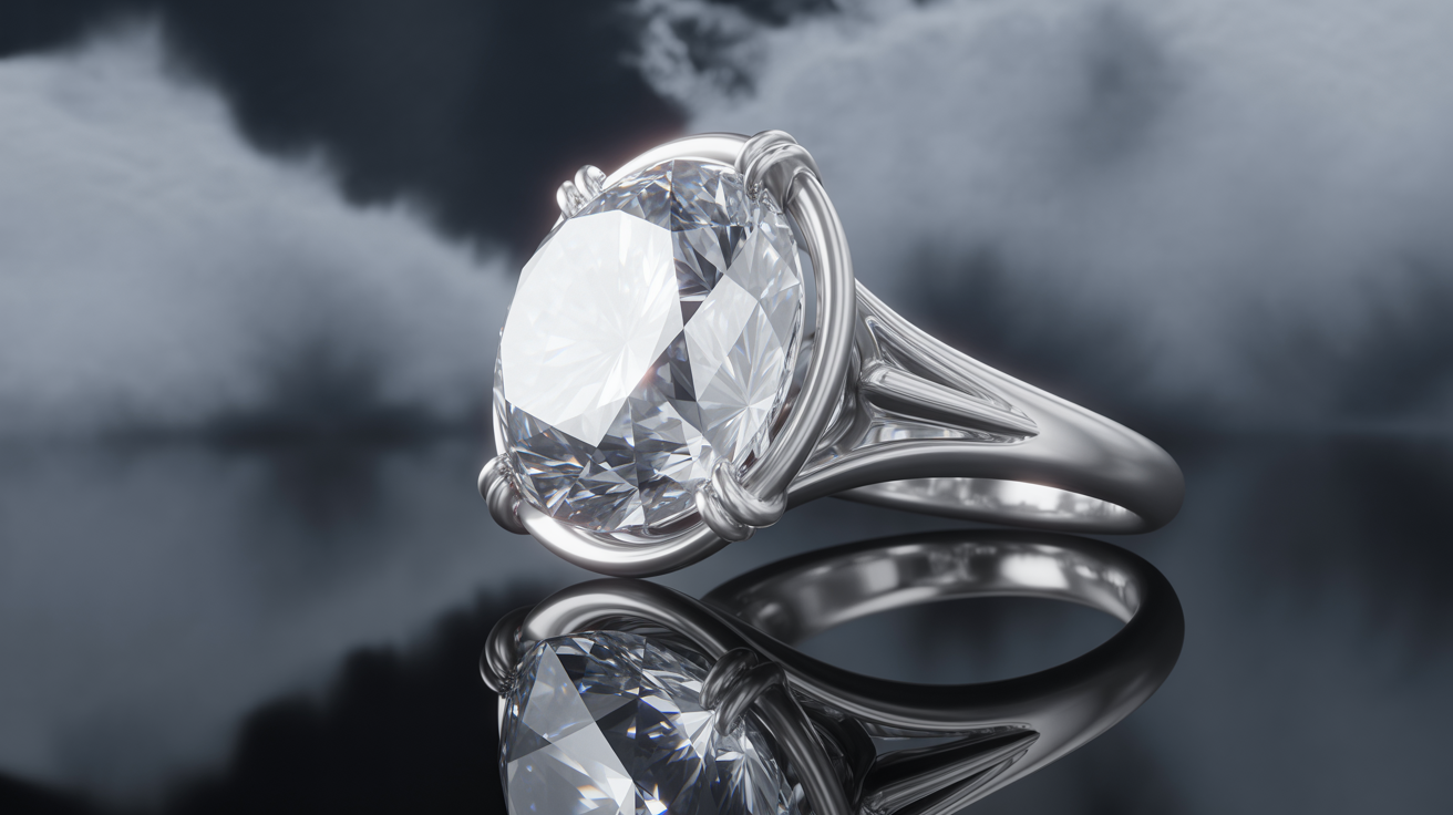 Close-up of a diamond ring with dramatic lighting and fog.