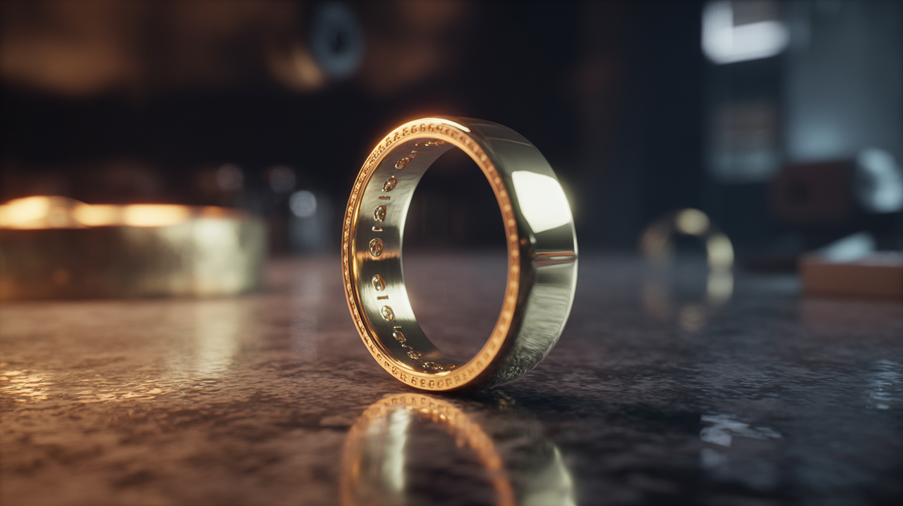 Gold ring with hallmarks under magnification in a jeweler's workshop.