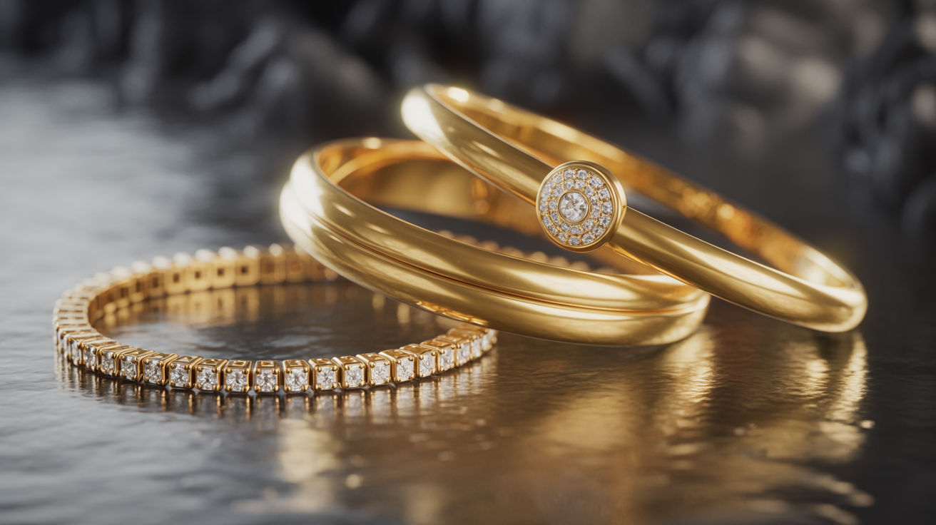 Detailed close-up of various gold bracelets with dramatic lighting.