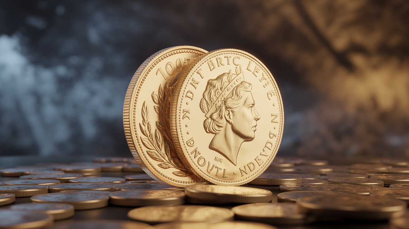 Gold sovereign and Britannia coin with dramatic lighting and fog.