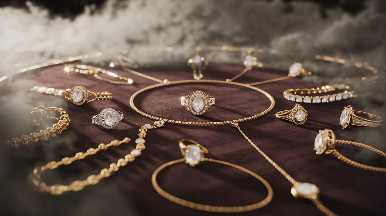 Luxurious gold jewellery on velvet in dramatic lighting.