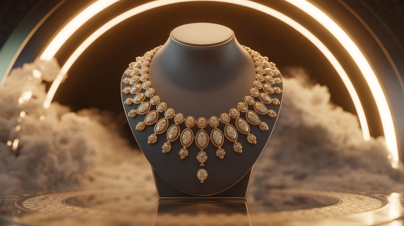 Luxurious gold necklace with intricate patterns under dramatic lighting.