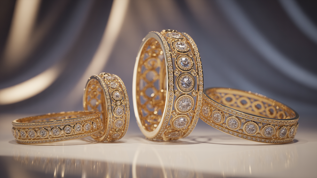 Dramatic gold jewellery display with intense lighting and fog, showing premium quality.