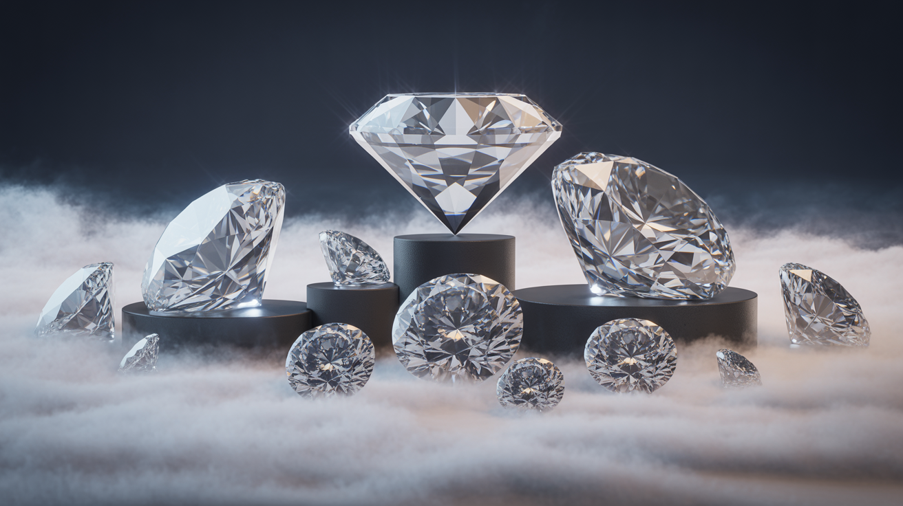 Various diamonds under dramatic lighting with volumetric fog, showcasing natural vs lab-grown contrast.