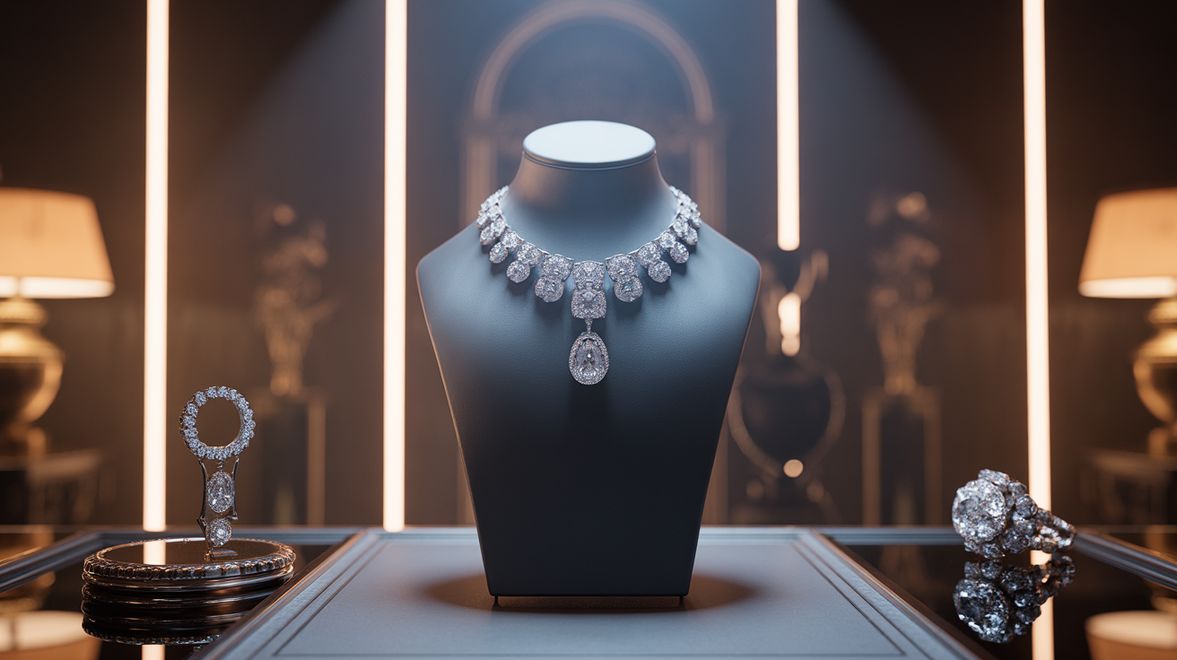Jewellery appraisal scene with dramatic lighting and luxurious atmosphere.