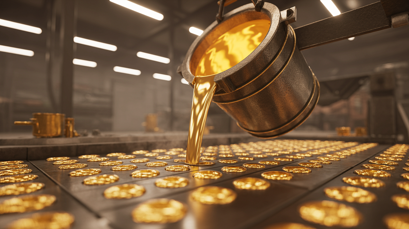 Molten gold being poured in a refinery with dramatic lighting and fog.