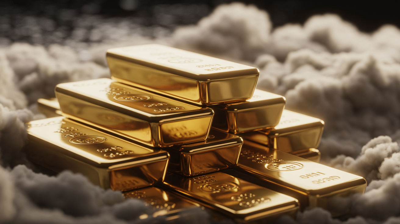 Stack of gold bars with hallmark stamps, dramatic lighting, volumetric fog.